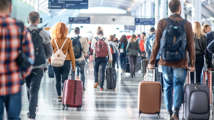 Airline travel scene with passengers and airport movement