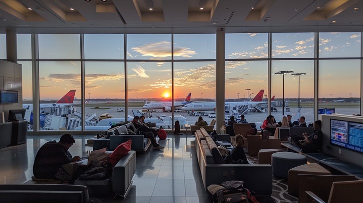 People moving through an airport for a flight