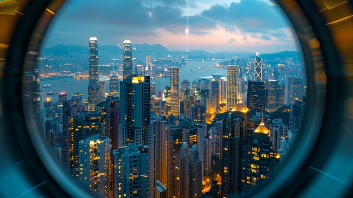 Airplane above a city skyline